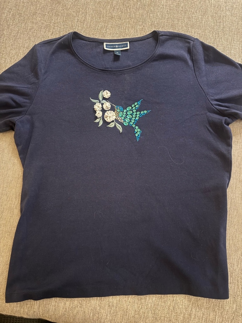 Karen Scott Navy Short-Sleeve Tee with Beaded Floral Bird Accent